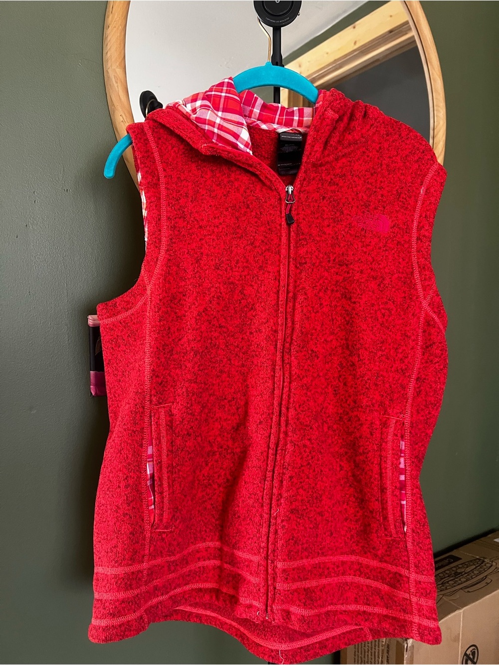 The North Face Women's Red Hooded Fleece Vest with Plaid Trim